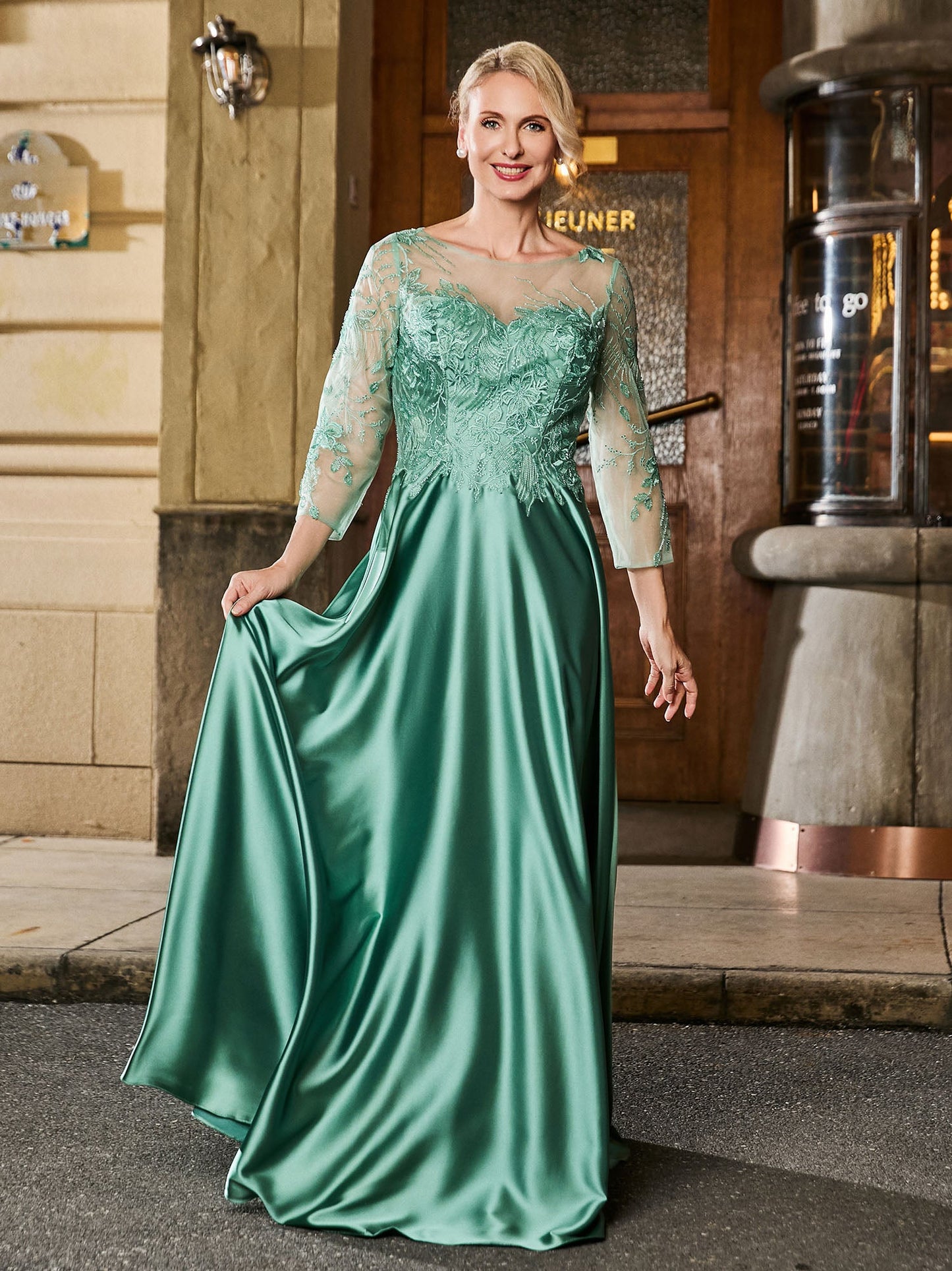 Illusion Lace Long Sleeve A-line Floor-length Gown Eucalyptus