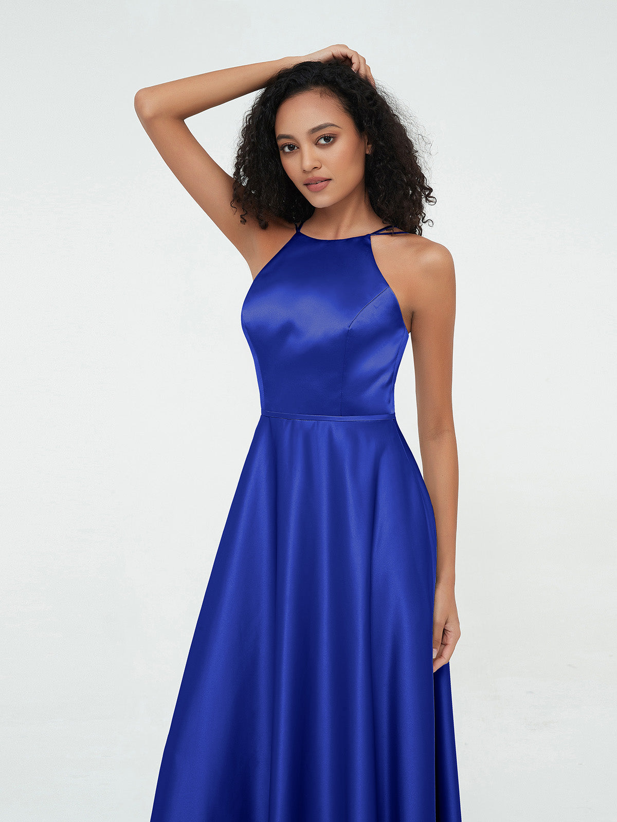 A-line Halter Max Satin Dresses with Pockets-Royal Blue