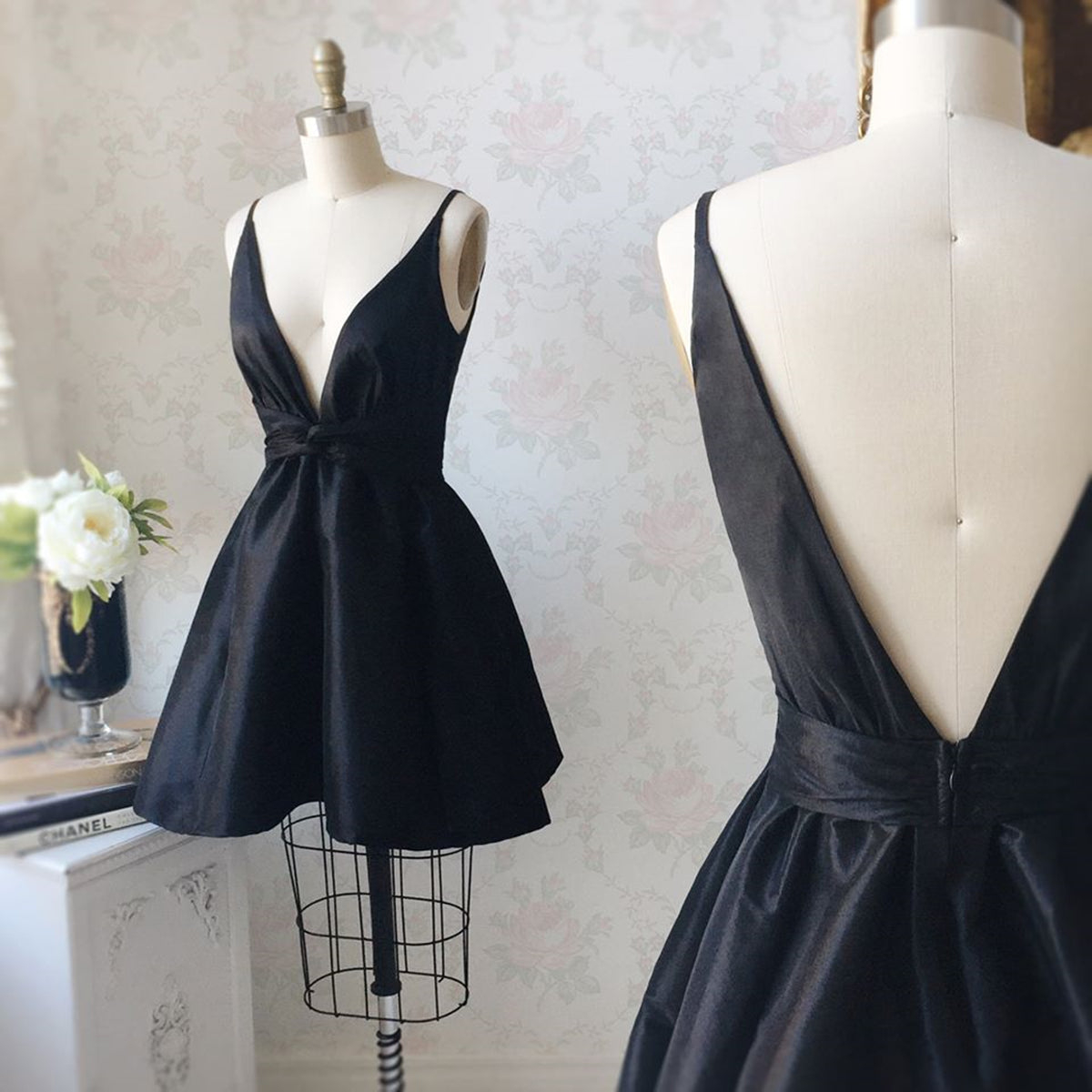V Neck and V Back Black Satin Short Prom Homecoming Dress, V Neck Black Formal Graduation Evening Dress, Black Cocktail Dress