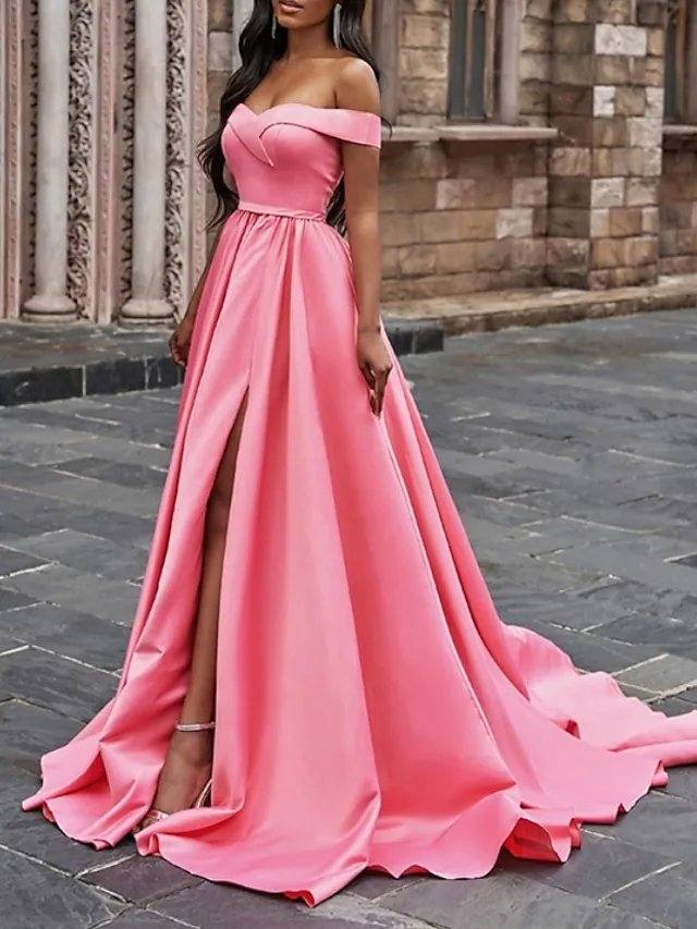 A-Line Minimalist Elegant Wedding Guest Prom Dress Off Shoulder Sleeveless Court Train Sweep / Brush Train Satin with Pleats Split - RongMoon