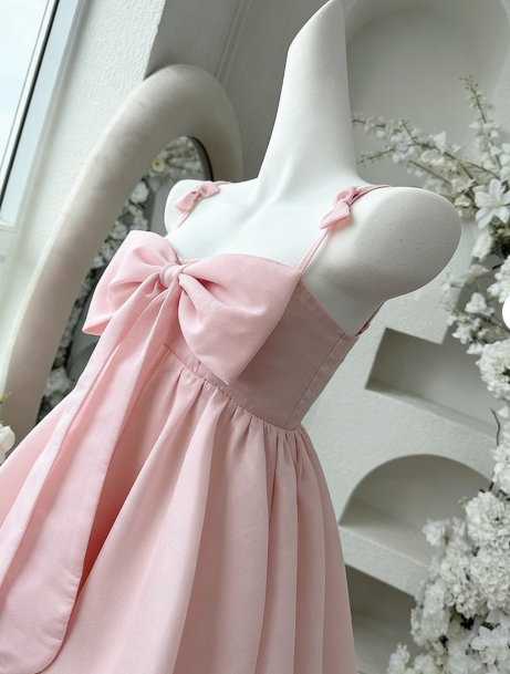 Vintage A line Spaghetti Straps Pink Satin Bow-knot Short Mini Formal 8th Grade Homecoming Dresses Summer Middle School Hoco Dress Birthday Outfits W1188
