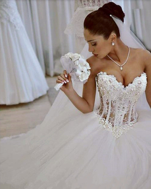 Romantic Wedding Dresses Sweetheart Corset Pearl Beaded
