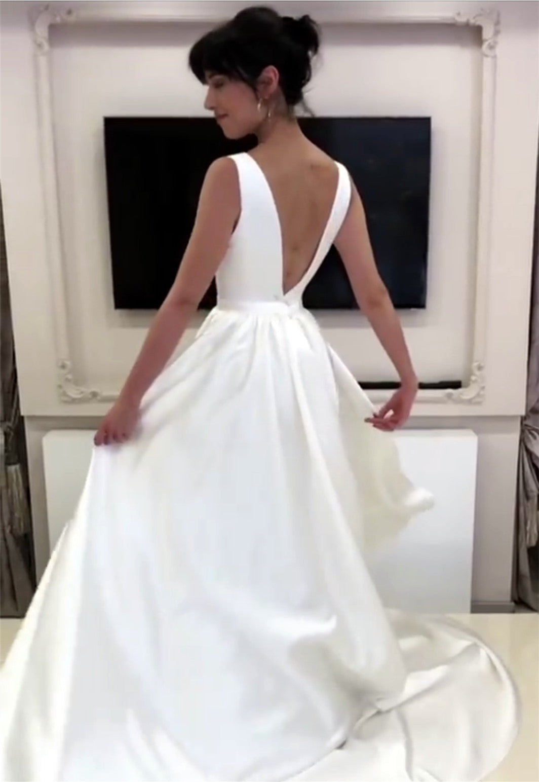 A Line Wedding Dress Satin Plunge Neck