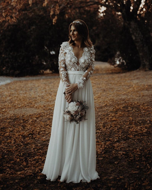 Elegant Boho Wedding Dress Lace Flowers Long Sleeves