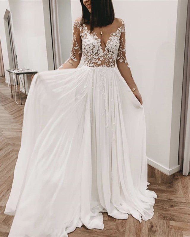 Long Sleeves Wedding Beach Dresses Chiffon Appliques