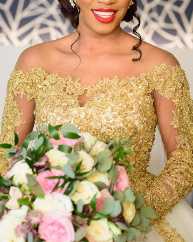 Gold Lace Wedding Dress Ball Gown Long Sleeves