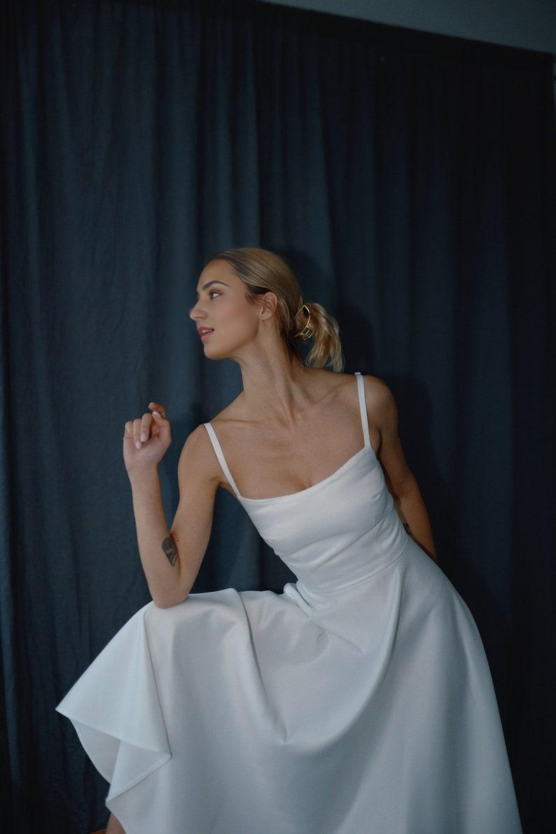 Reception Satin Dress Midi With A Spaghetti Straps And Sguare Neckline Bridal Topper A-line Skirt Wedding Guest Courthouse Dress