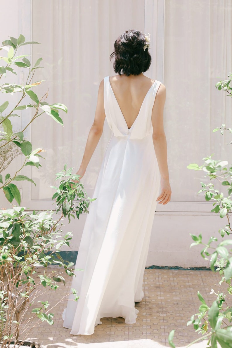 Chiffon Wedding Dress Cowl neck Wedding Dress Flowing Wedding Gown A-line Dress Open Back Floor Length Dress