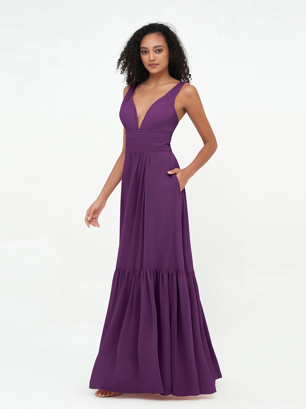 Deep-V Neck Chiffon Tiered Skirt Boho Dresses-Grape
