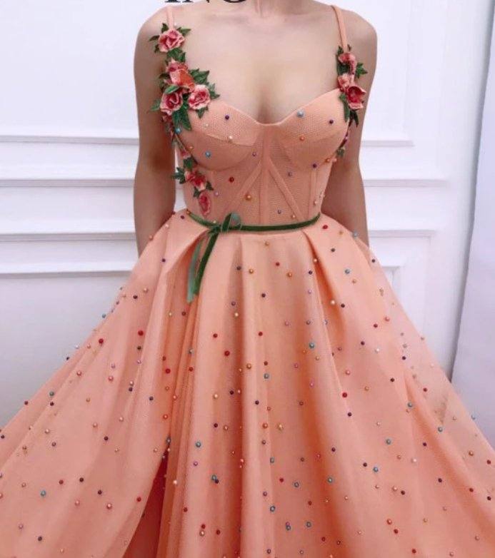 Peach Muslim Evening Dresses A-line Spaghetti Straps Tulle Pearls Islamic Dubai Saudi Arabic Long Formal Evening Gown - RongMoon