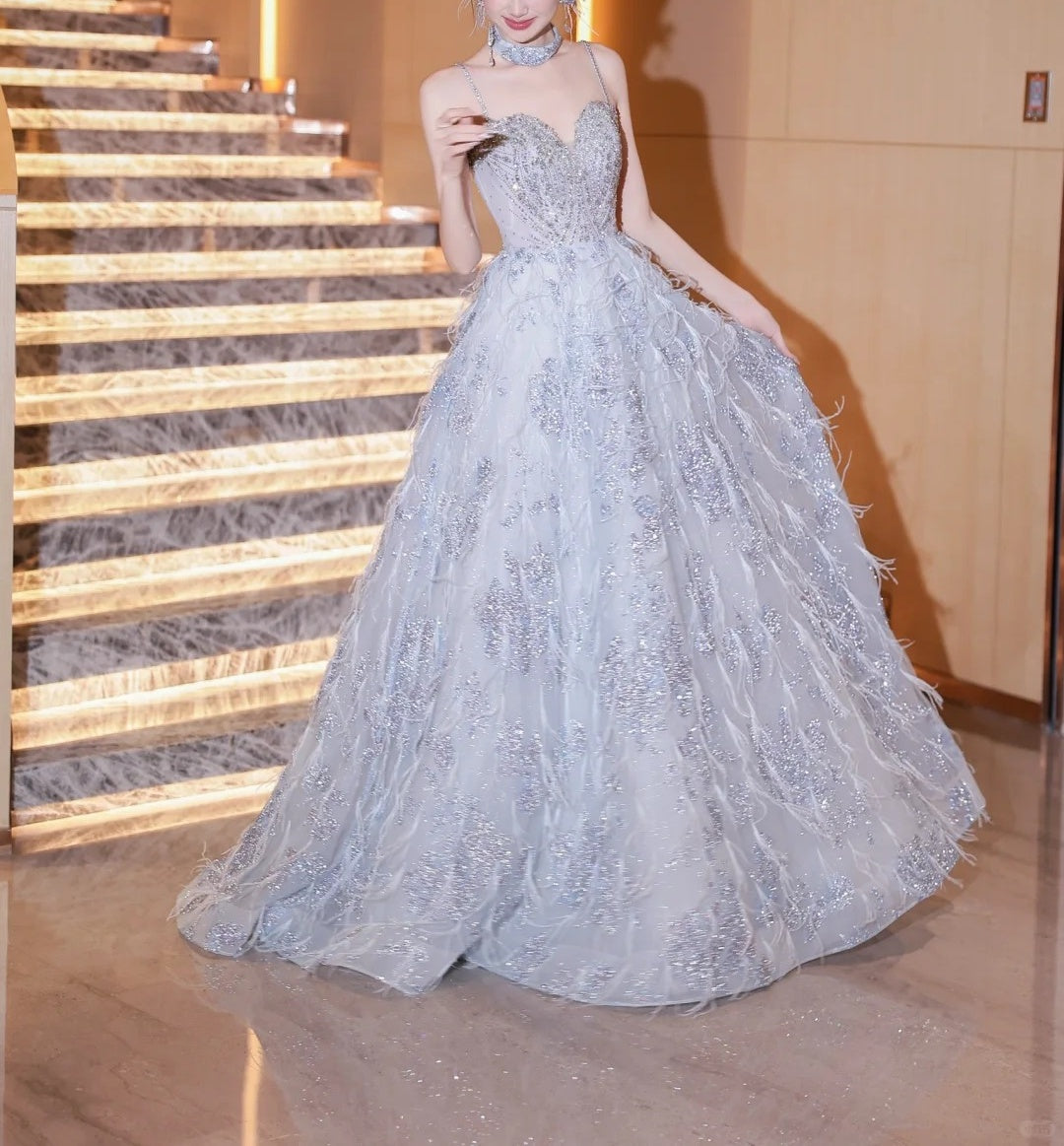 Girlhomeshops-Blue fashion beaded elegant long tulle ball gown evening dress gh5075