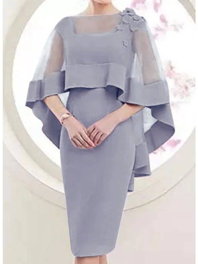 Sheath / Column Mother of the Bride Dress Elegant Square Neck Knee Length Satin Tulle 3/4 Length Sleeve with Appliques - RongMoon