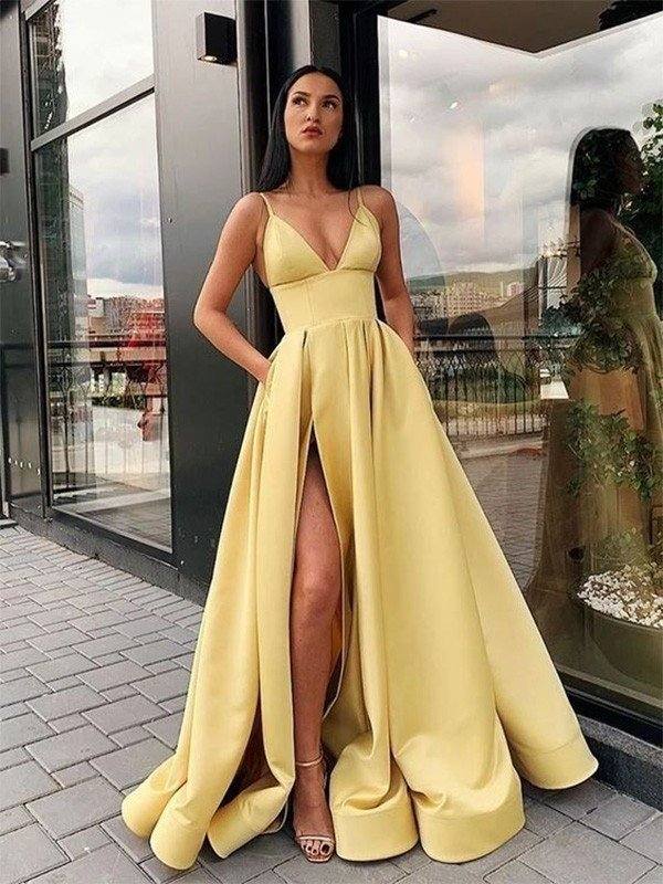 A-Line/Princess Ruffles Satin Spaghetti Straps Sleeveless Floor-Length Dresses - RongMoon