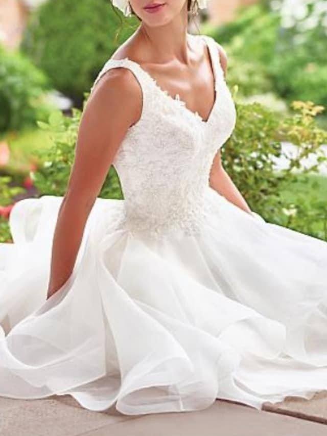 A-Line Wedding Dresses V Neck Knee Length Lace Organza Sleeveless Vintage 1950s with Appliques Cascading Ruffles - RongMoon