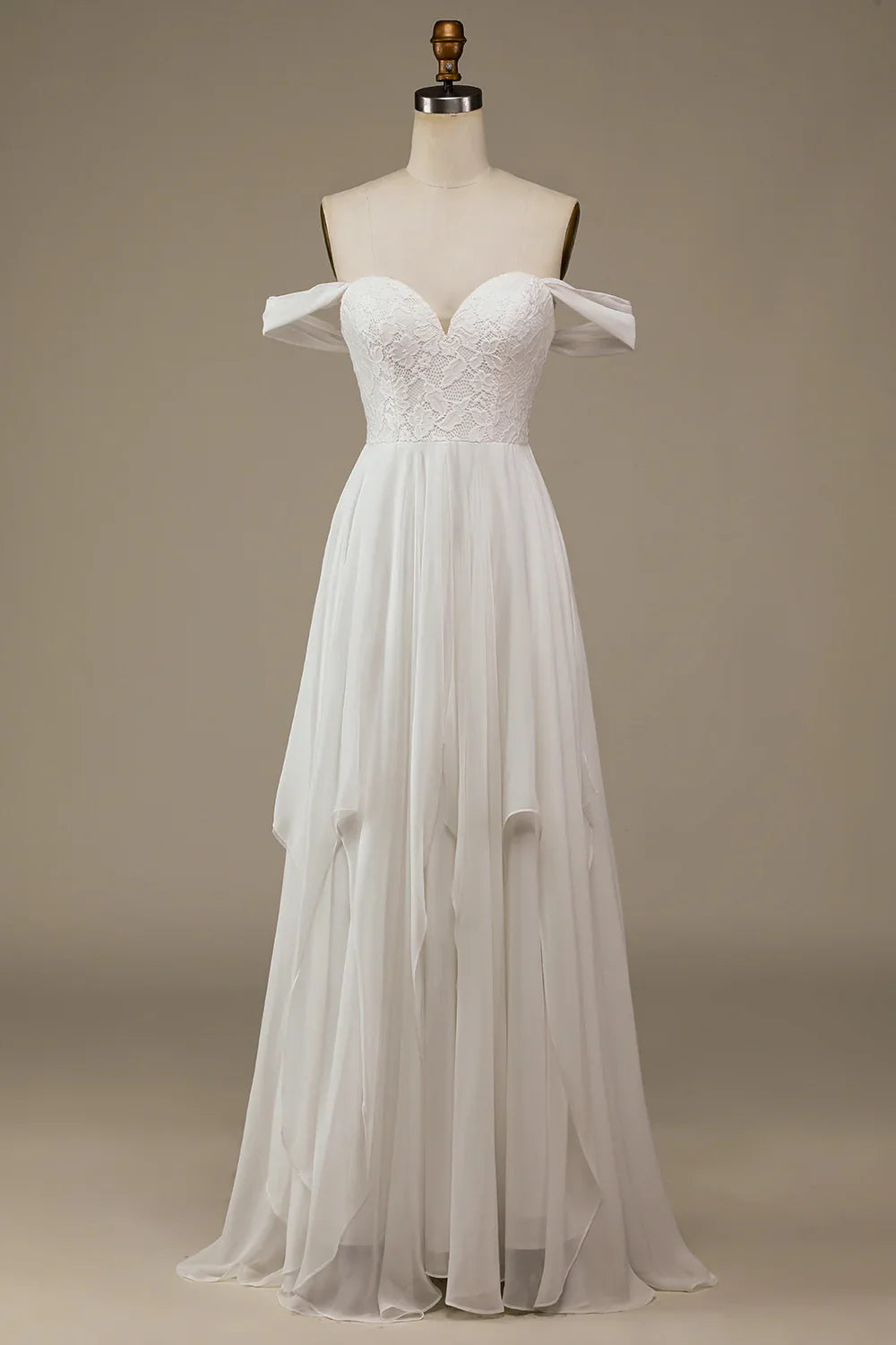 Aimishang Ivory Boho Chiffon Asymmetrical Wedding Dress with Lace