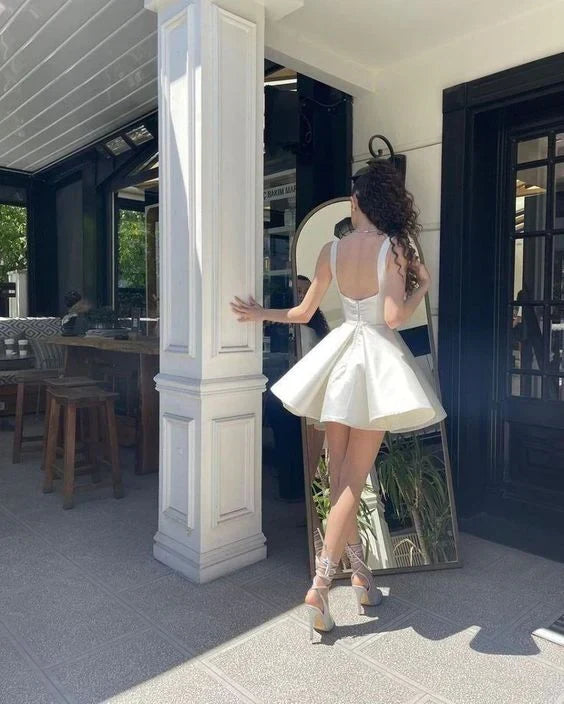Vintage White Satin Short A-Line Party Dress Cocktail Dress Homecoming Dress HZ1024