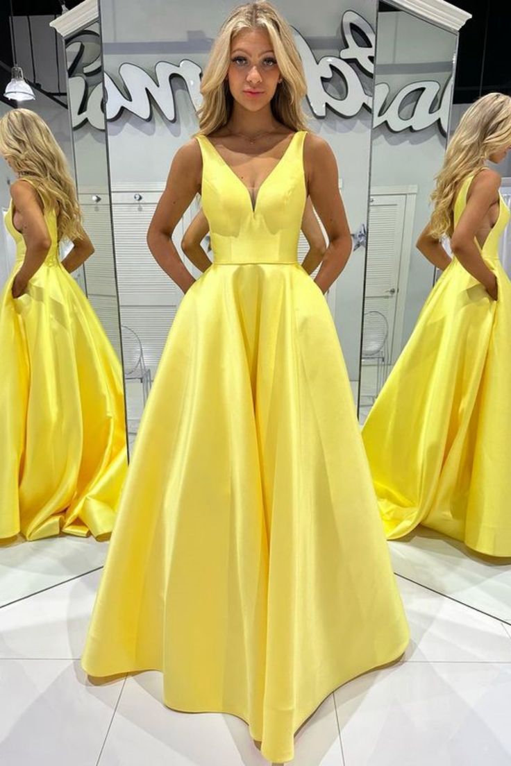 Yellow A Line V Neck Satin Long Prom Dress