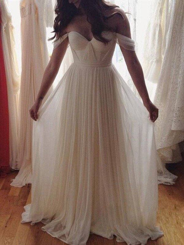 A-Line/Princess Sleeveless Off-the-Shoulder Beading Floor-Length Chiffon Dresses - RongMoon