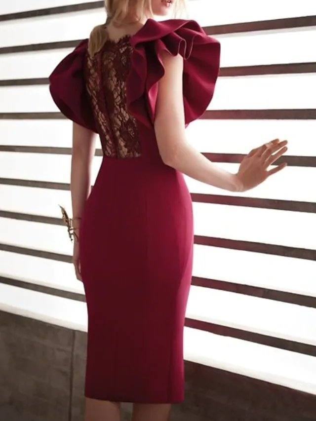 Sheath / Column Beautiful Back Elegant Homecoming Cocktail Party Valentine's Day Dress Scoop Neck Short Sleeve Knee Length Spandex with Sleek - RongMoon