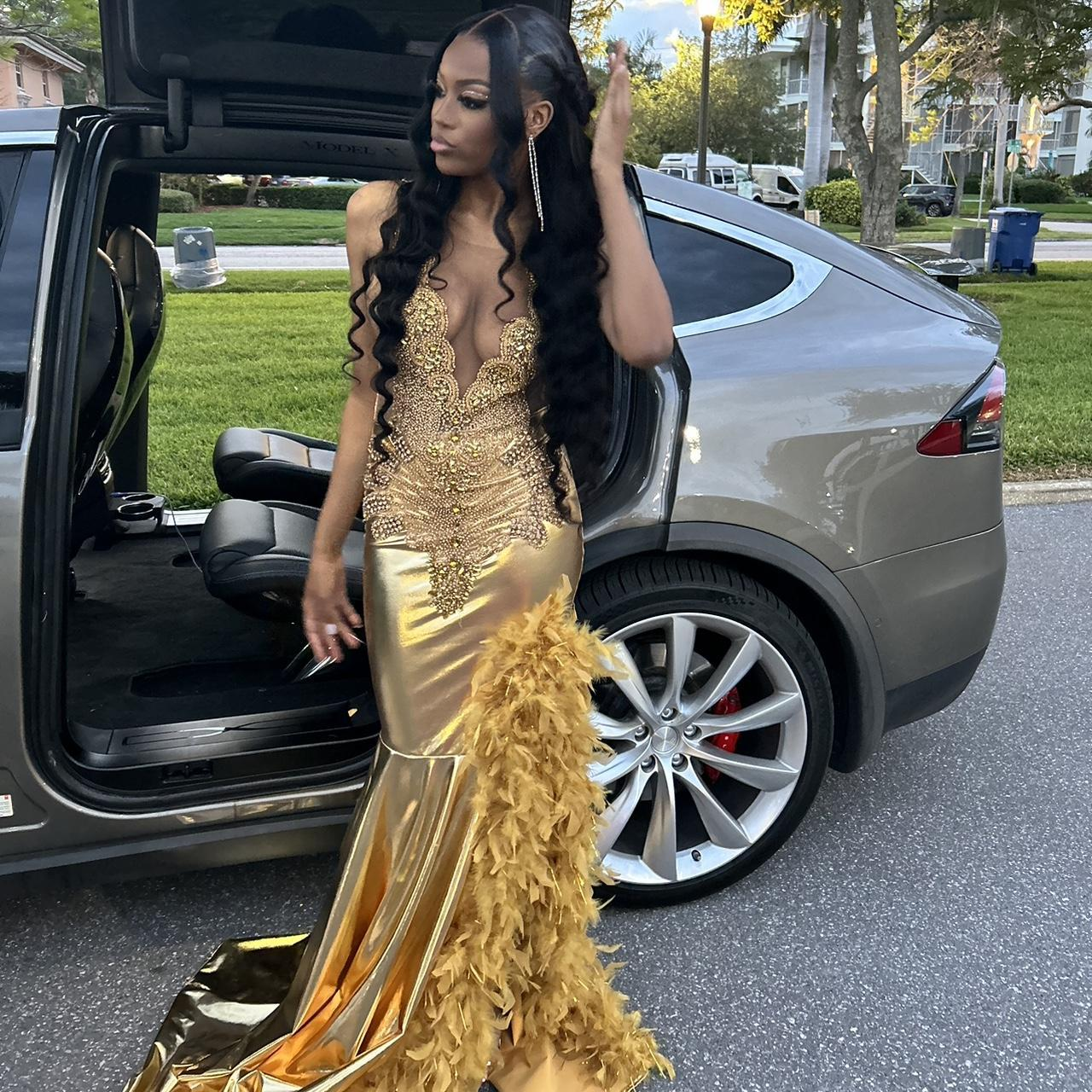 Luxurious Feathers Beaded Mermaid Evening Dress Gold Long Slit Prom Party Dress cc2459