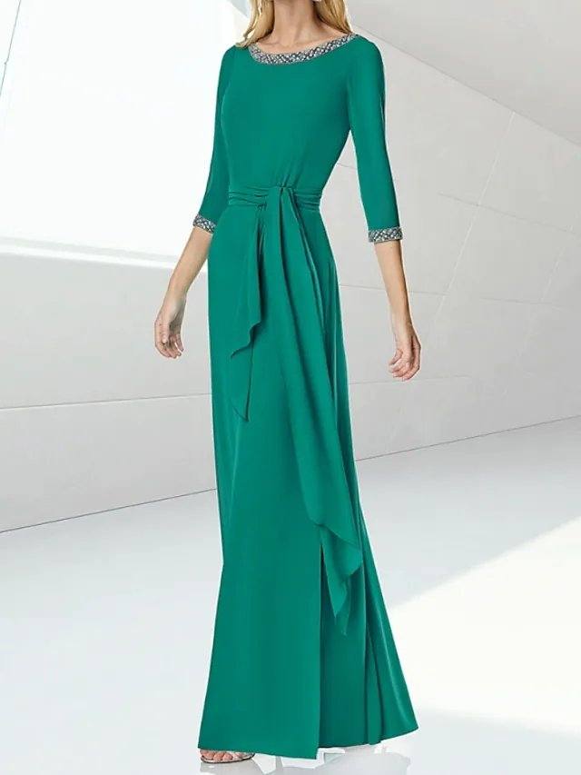 Sheath / Column Mother of the Bride Dress Elegant Jewel Neck Floor Length Chiffon 3/4 Length Sleeve with Sash / Ribbon - RongMoon