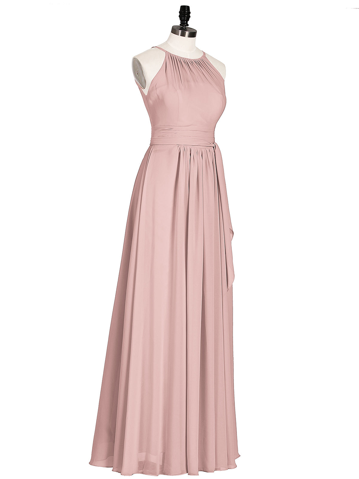 Halter Chiffon Bridesmaid Dresses with Bow Sash-Dusty Rose