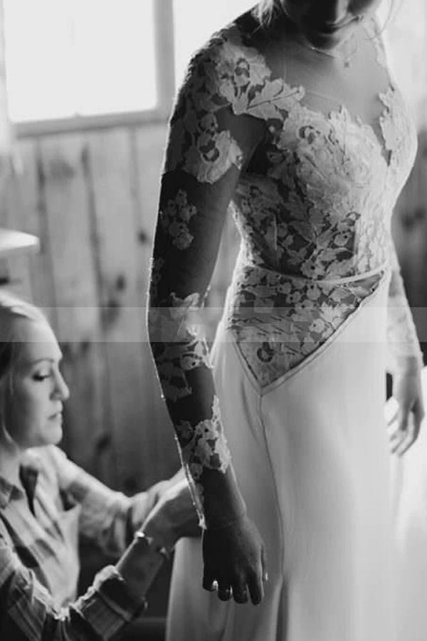 A-Line Lace Long Sleeve Sheer Floor Length Wedding Dress with Tulle