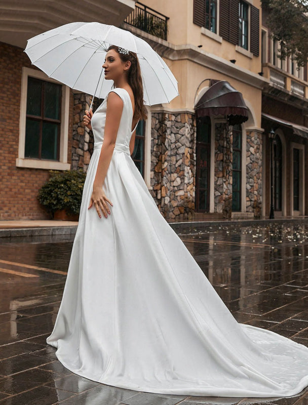 A-Line Wedding Dresses Court Train Sleeveless Sash Jewel Neck Bridal Gowns