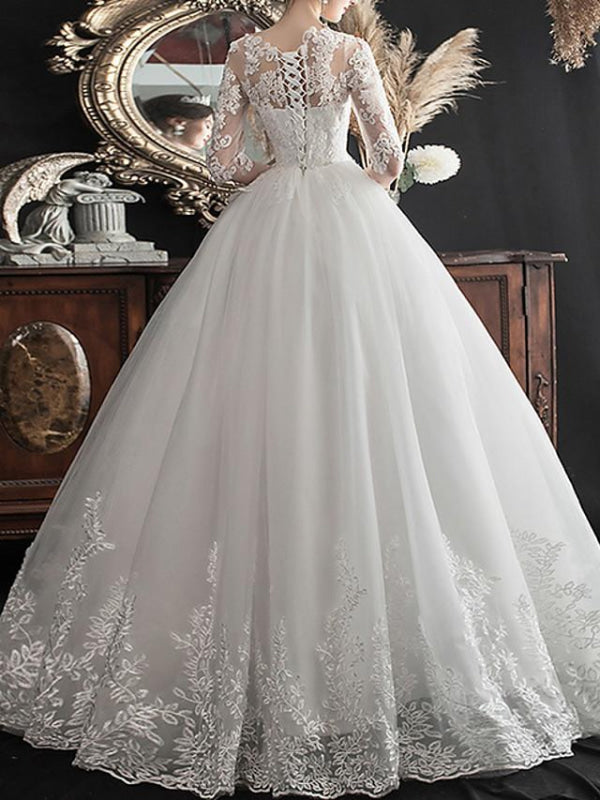 Glamorous A-Line Wedding Dresses Jewel Neck Lace Half Sleeve Illusion Sleeve Bridal Dress