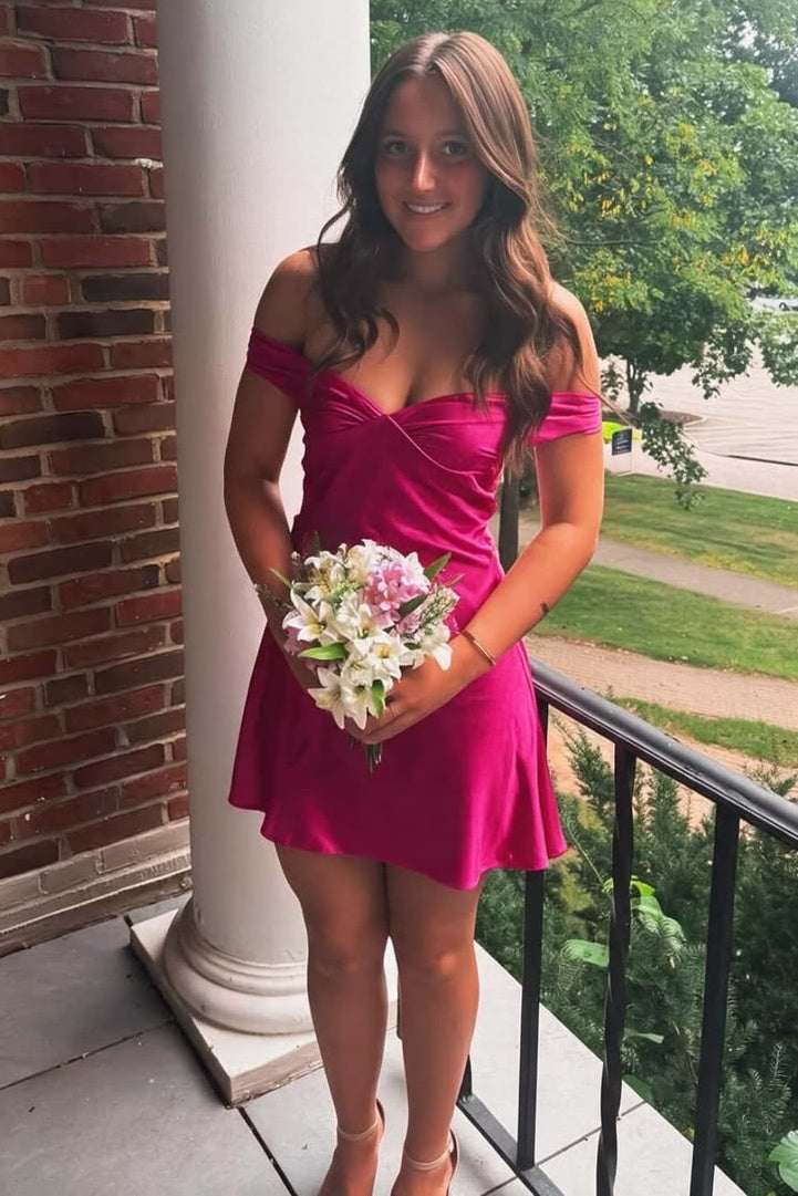 Classy Off-Shoulder Pleats Satin A-Line Mini Party Homecoming Dress