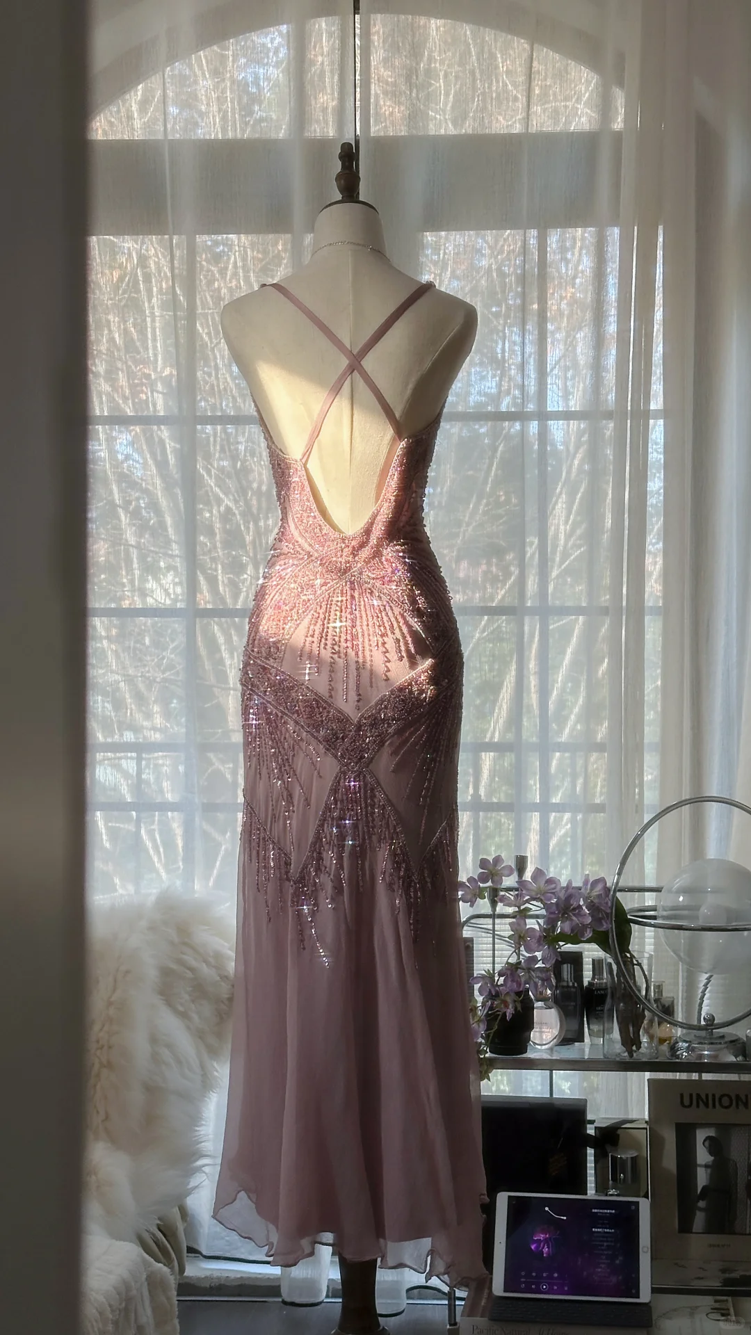 Vintage Pink Sparkling Elegant Beaded Sweetheart Romantic Chiffon Evening Dress HZ1024