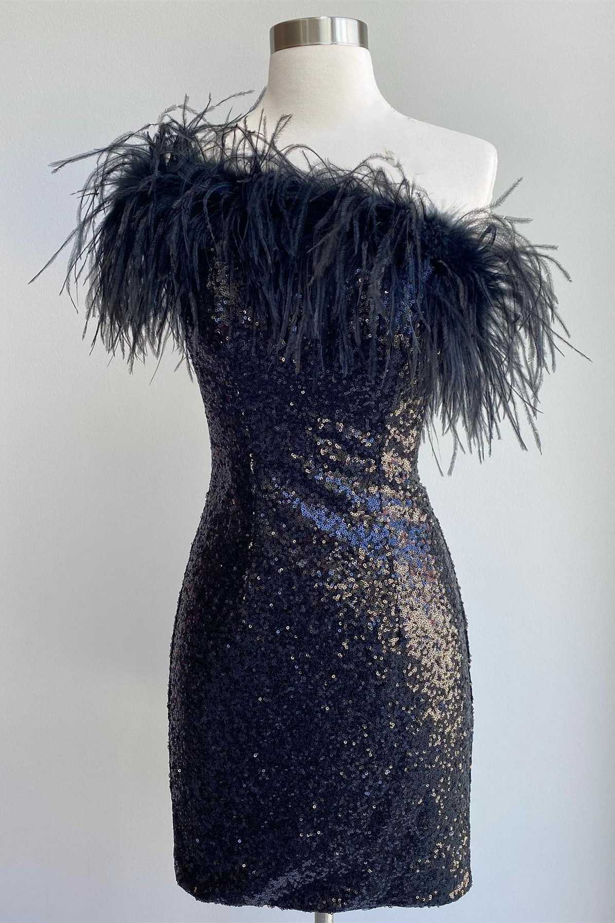 Pink Sequin Feather One-Shoulder Mini Dress