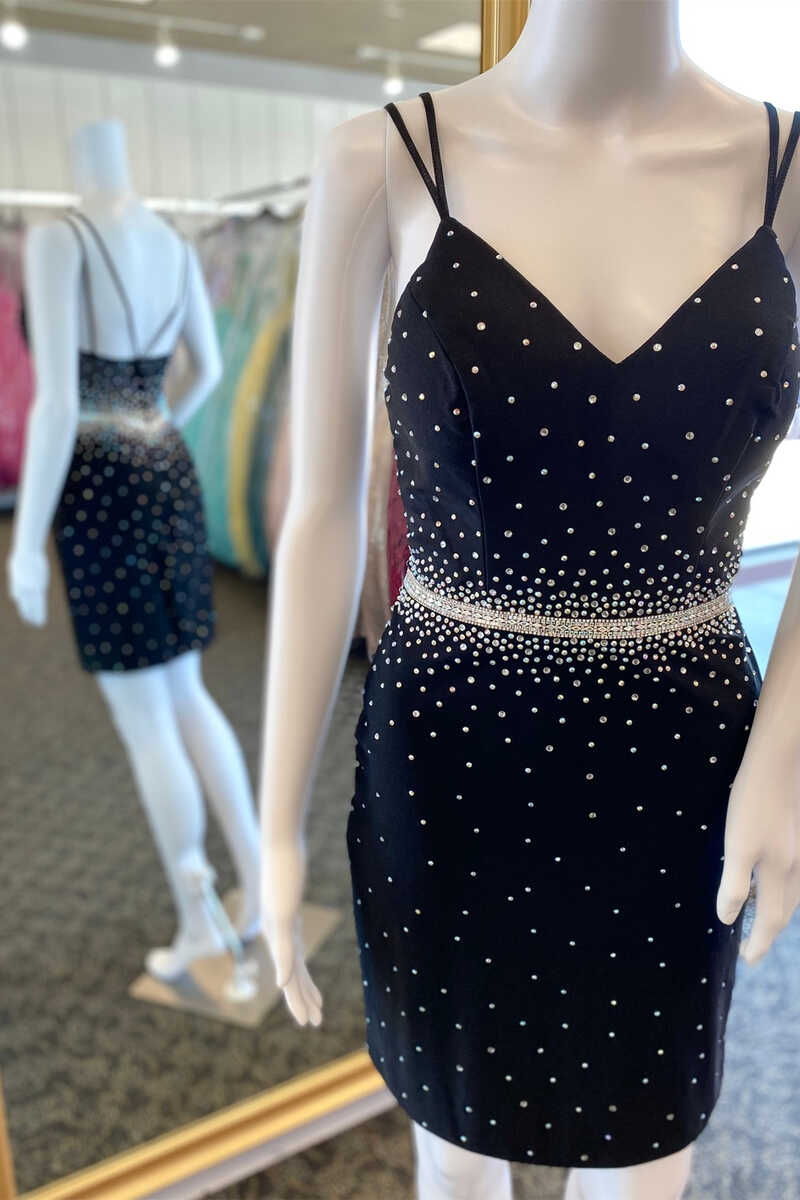 Black Beaded V-Neck Backless Short Party Dress