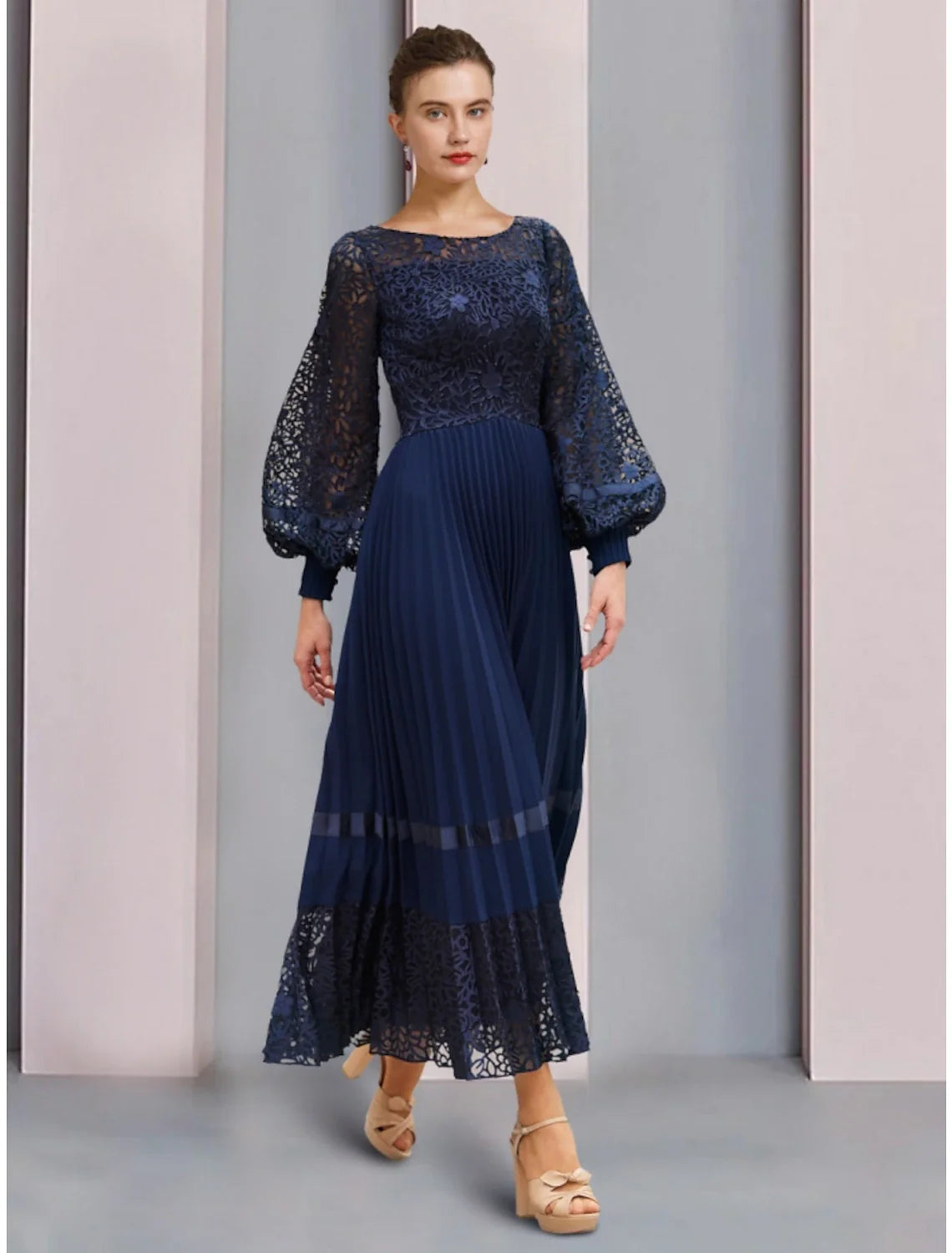Aimishang A-Line Mother of the Bride Dress Wedding Guest Elegant Scoop Neck Ankle Length Chiffon Lace Long Sleeve with Ruching Solid Colo