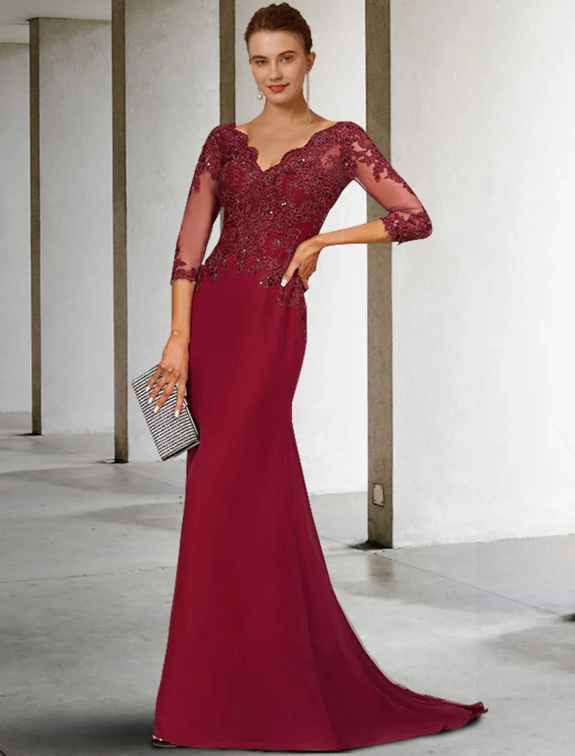 Aimishang Mermaid / Trumpet Mother of the Bride Dress Luxurious Elegant V Neck Court Train Lace Stretch Chiffon 3/4 Length Sleeve with Sequin Appliques