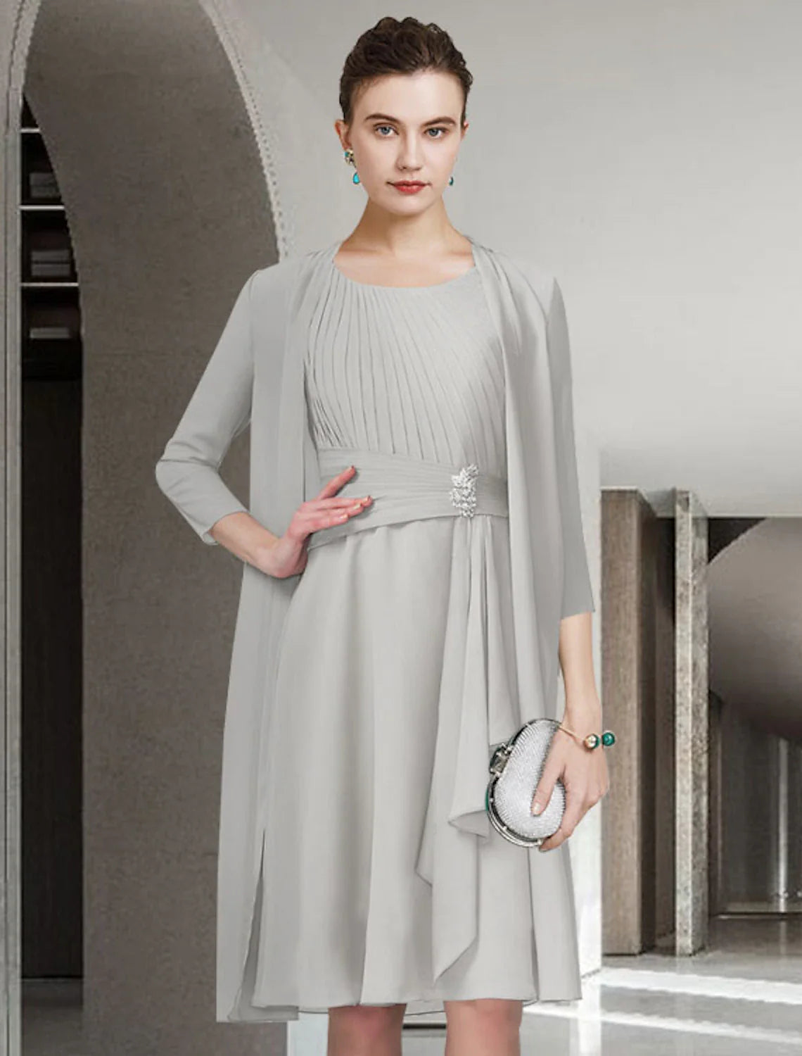 Aimishang Two Piece A-Line Mother of the Bride Dress Church Elegant Jewel Neck Knee Length Chiffon Sleeveless with Pleats Ruched