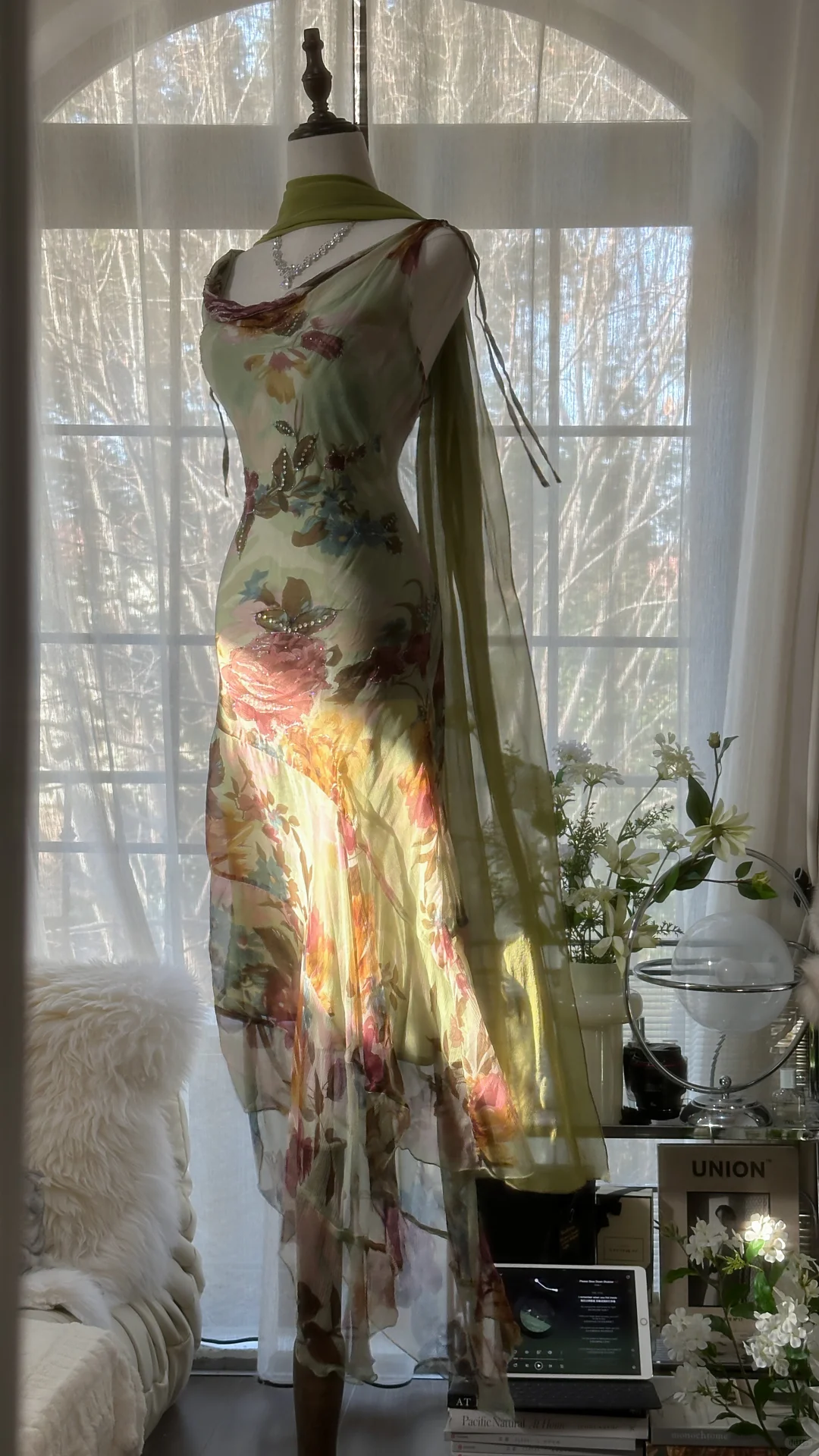 Elegant Green Fairy Gorgeous Floral Long Chiffon Spaghetti Strap Romantic Ball Gown Evening Dress Prom Dresses HZ1024