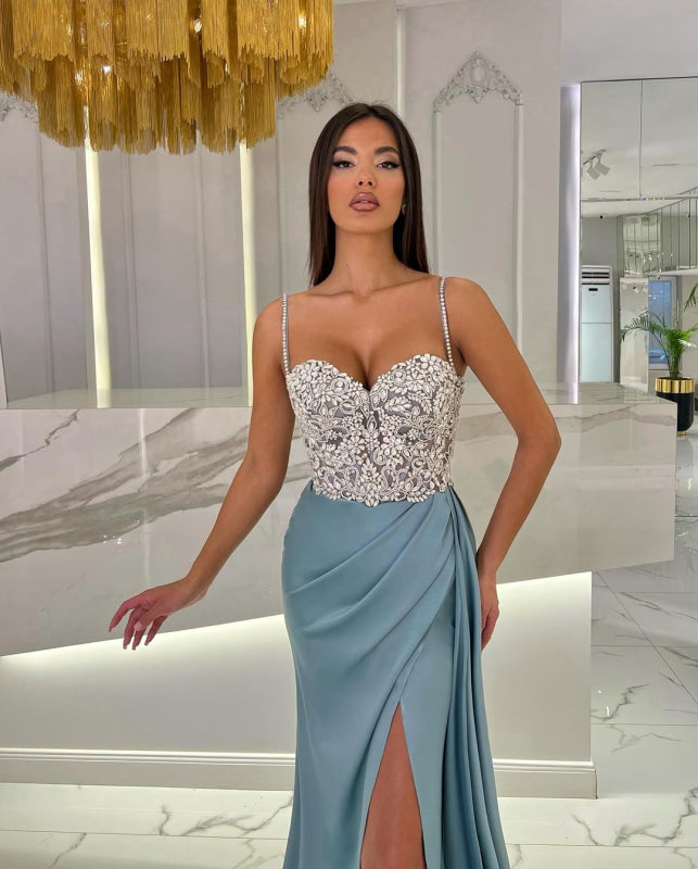 Baby Blue Prom Dress with High Slit Spaghetti Straps Sweetheart Neckline and Appliques