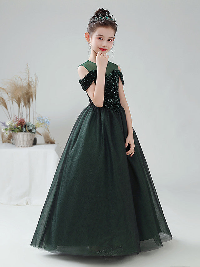 Ball Gown Flower Girl Dress Tulle With Paillette Sequins Off Shoulder Sleeveless Jewel Neck