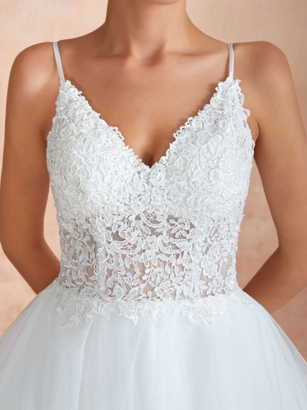 Ball Gown Wedding Dress Princess Straps Neck Sleeveless Studded Tulle Bridal Gowns With Train