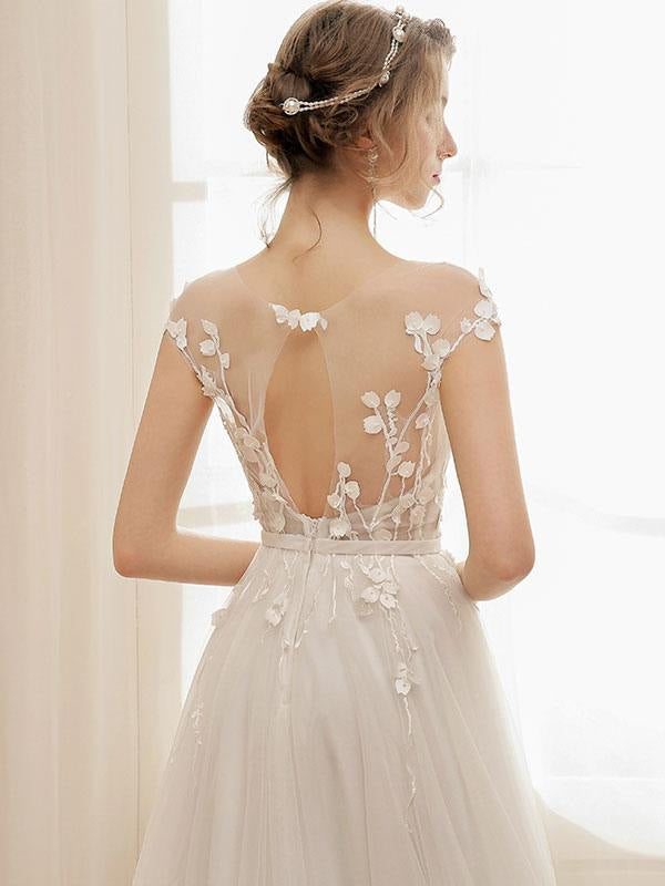 Beach Wedding Dress Bohemian Maxi Bridal Dresses Ivory Applique Illusion Open Back Summer Wedding Gowns