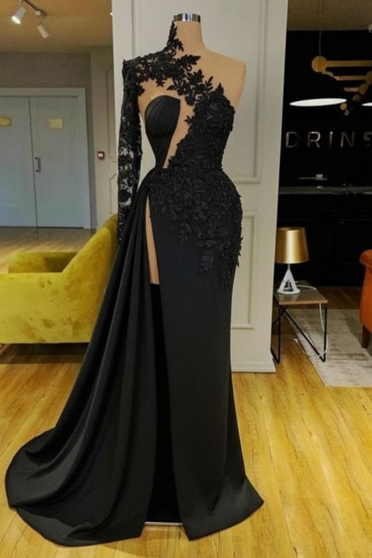 White Mermaid Evening Dress Front Split with Long Sleeves