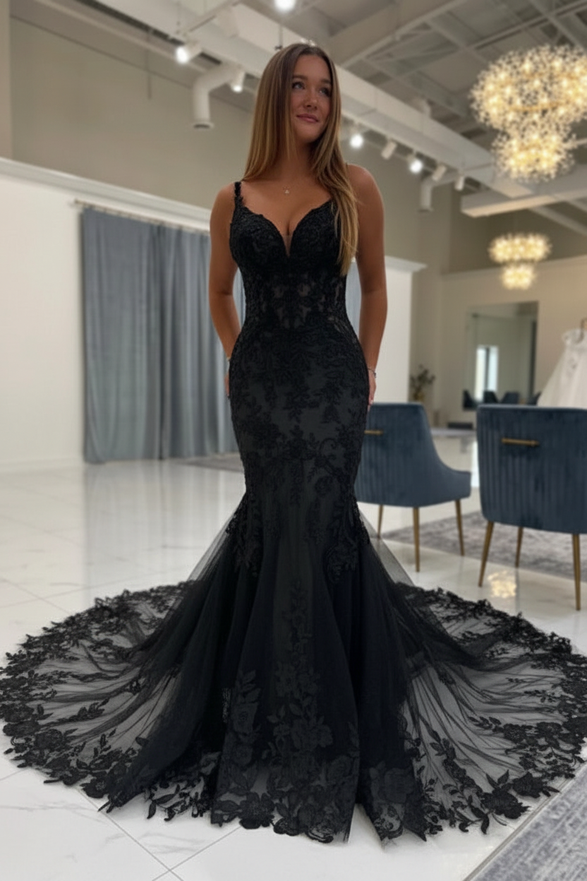 Spaghetti Straps White Mermaid Wedding Dress V-neck Tulle Lace Bridal Gown