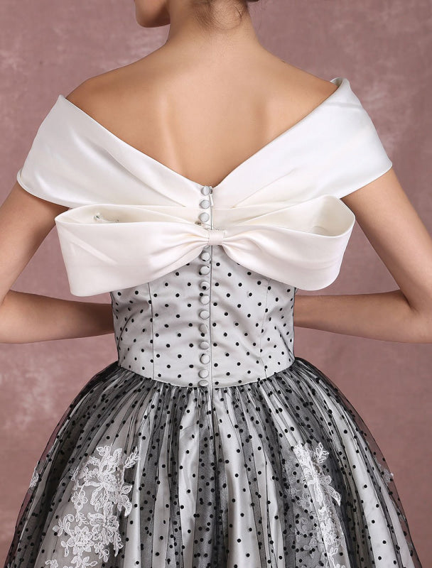Black Wedding Dresses Vintage Short Bridal Gown Lace Off The Shoulder Polka Dot Print Bridal Dress With Bow