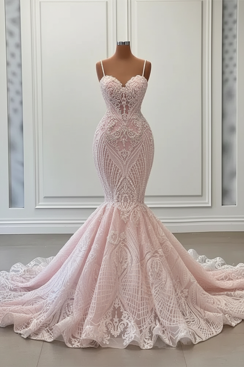 Charming Sleeveless Spaghetti Straps Mermaid Wedding Dress with Ruffles