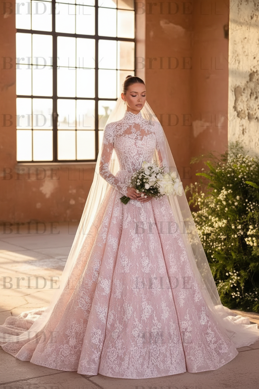 Elegant High Neck Long Sleeves A-Line Appliques Lace Wedding Dress