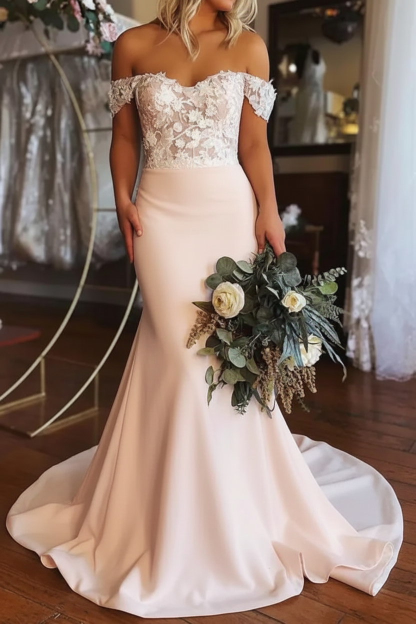 Elegant Off Shoulder Mermaid White Lace Long Wedding Dresses Formal Dresses