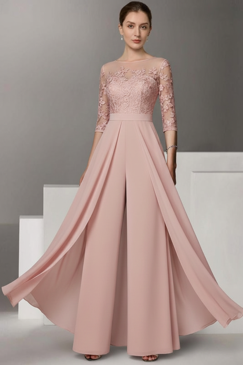 Half Sleeves Chiffon Mother of Bride Jumpsuit with Appliques