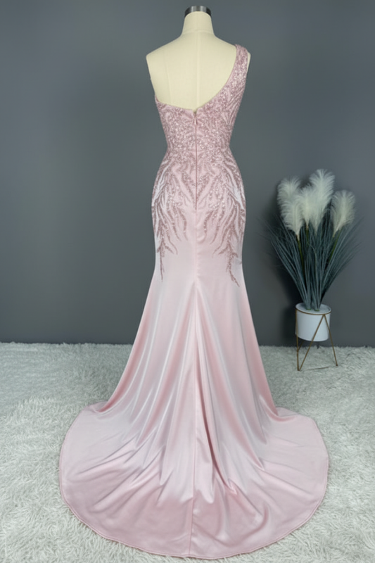 Blushing Pink Prom Dress Long Mermaid Sequins Sleeveless One Shoulder Evening Dress