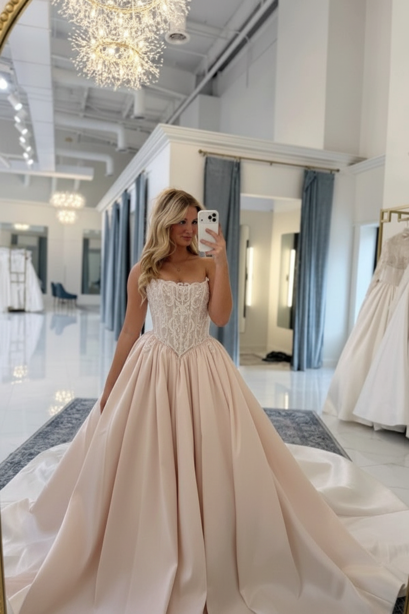 Elegant Strapless Satin Princess Wedding Dress Beadings Corset Lace Bridal Gown